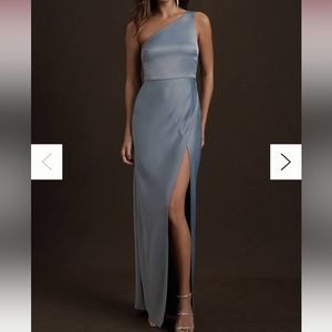 BHLDN Dylan Satin Charmeuse Dress - one shoulder, dusty blue color - size 6